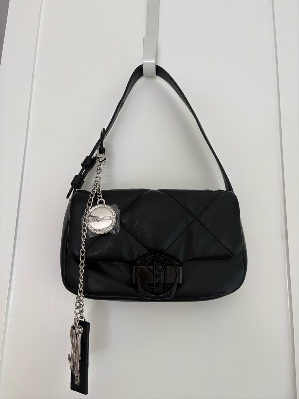 Steve Madden Black Quilted Shoulder Bag with Chain Charm